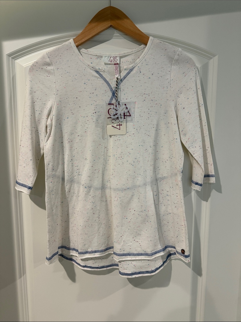 Kids Cream Speckled Henley Tee with Blue Trim